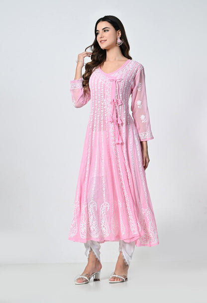 Pink Georgette Lucknowi Chikankari Embroidered Kurti