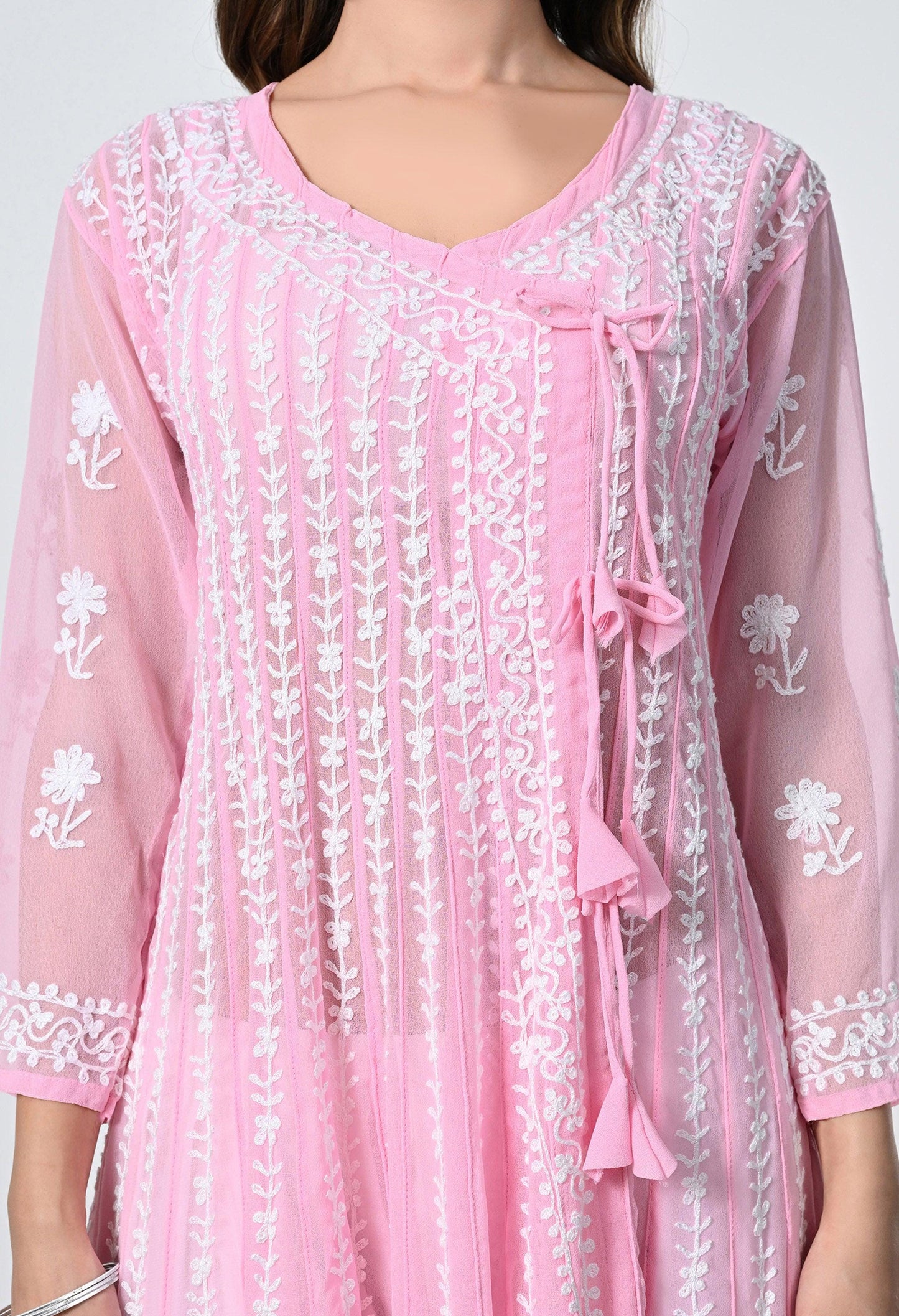 Pink Georgette Lucknowi Chikankari Embroidered Kurti