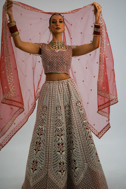 Strawberry Color Embroidered Bridal lehenga