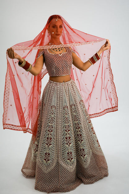 Strawberry Color Embroidered Bridal lehenga