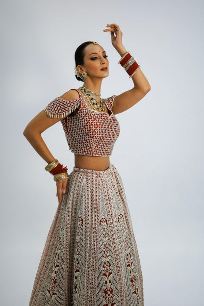 Strawberry Color Embroidered Bridal lehenga