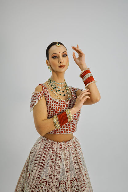 Strawberry Color Embroidered Bridal lehenga