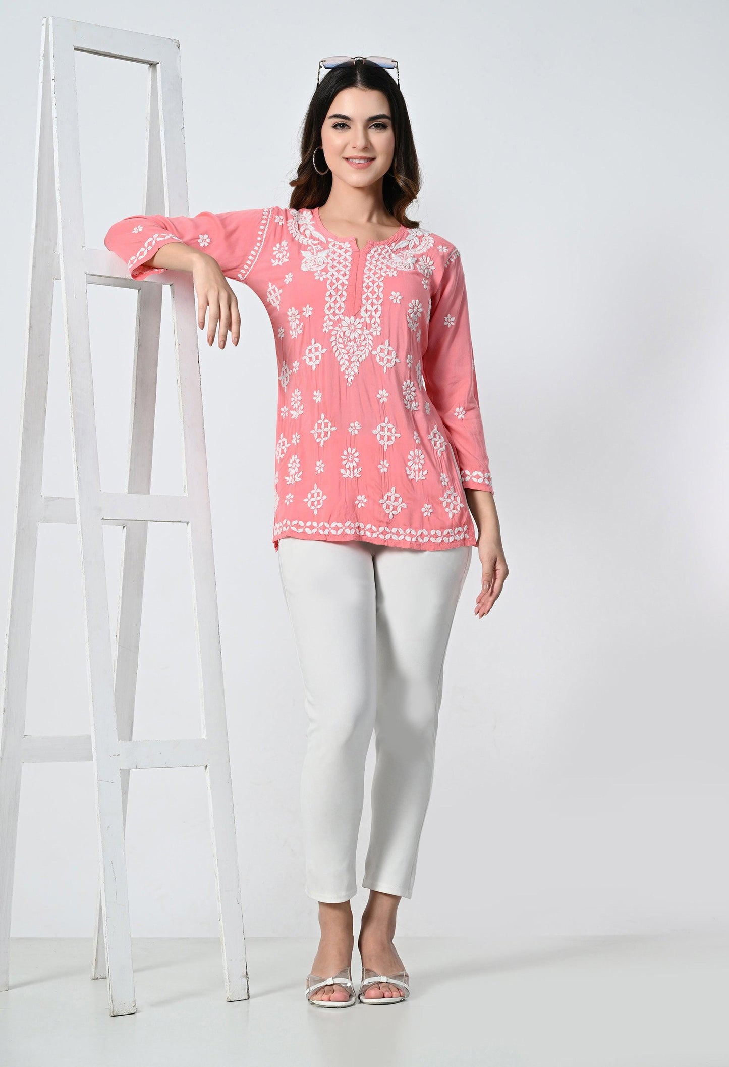 Peach Short Lucknowi Short Kurti