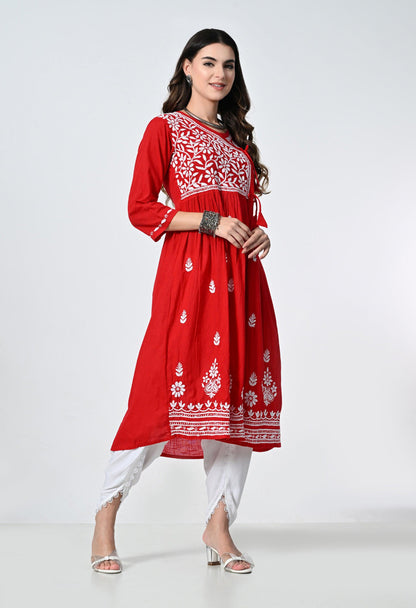 Red Cotton Angrakha Lucknowi Kurti With Tulip Pants