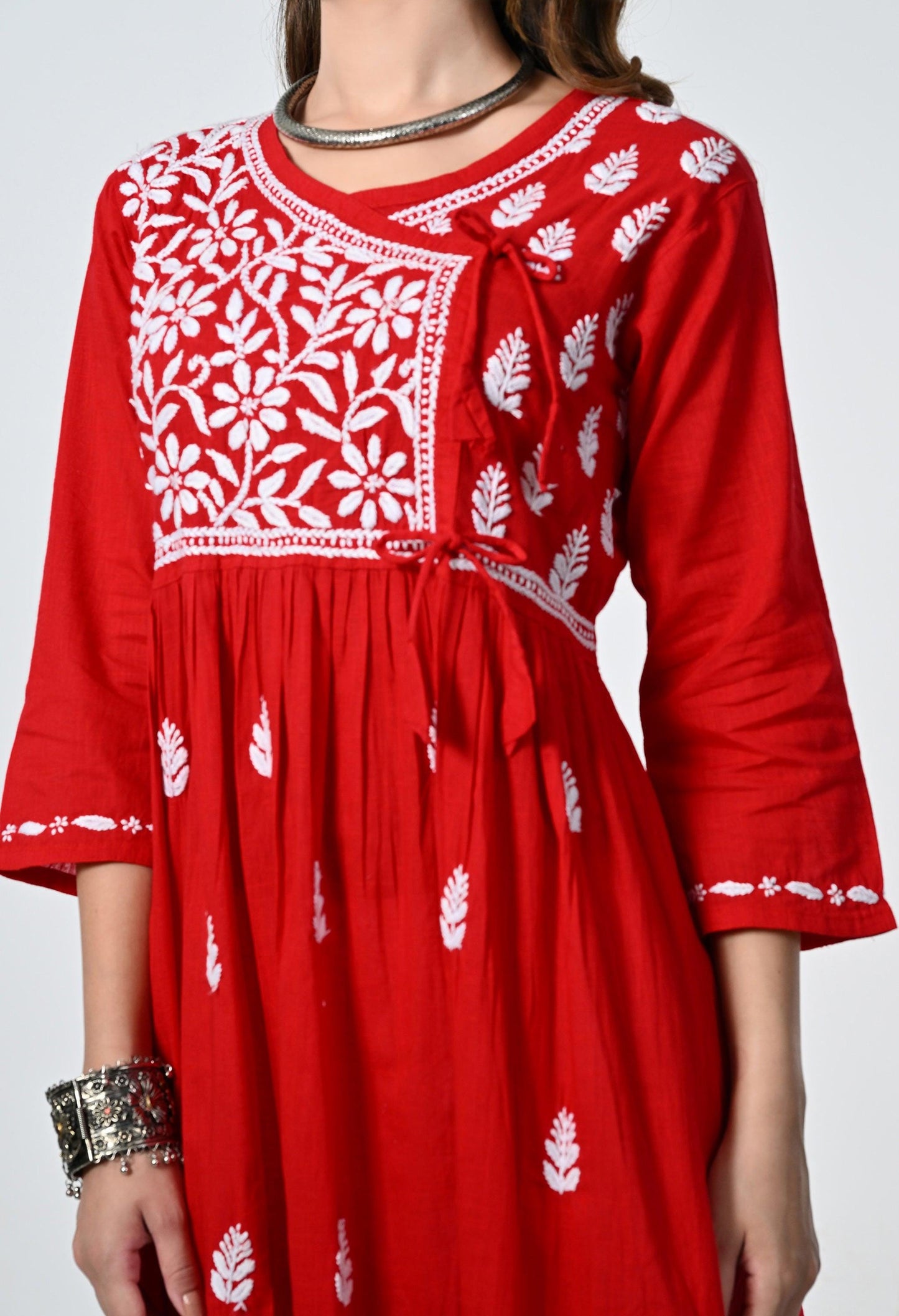 Red Cotton Angrakha Lucknowi Kurti With Tulip Pants