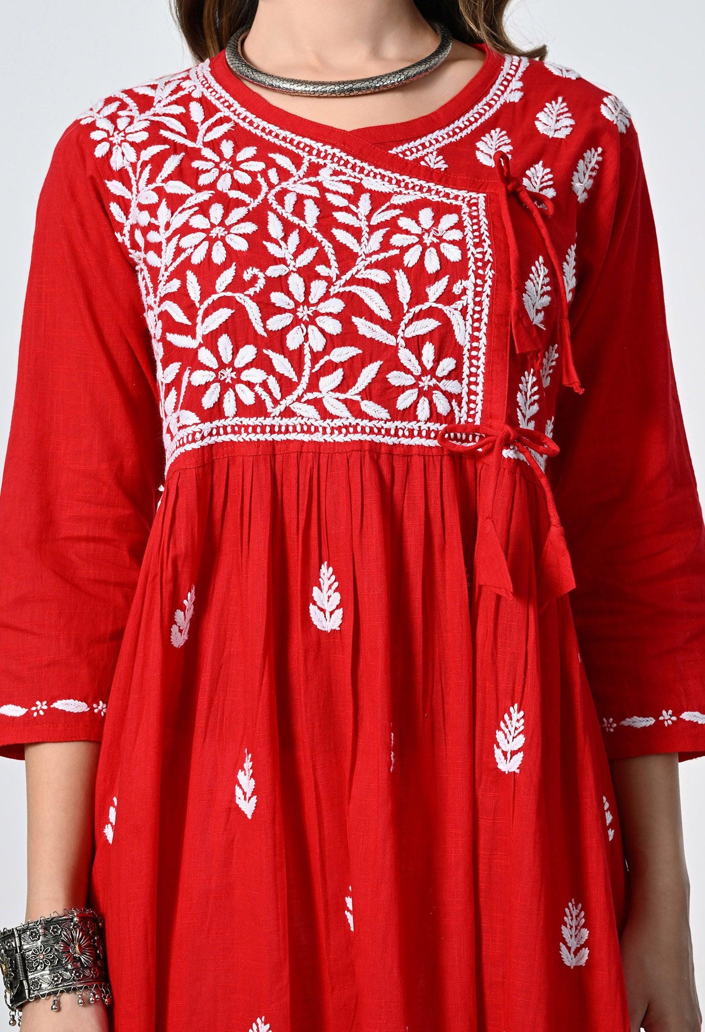 Red Cotton Angrakha Lucknowi Kurti With Tulip Pants