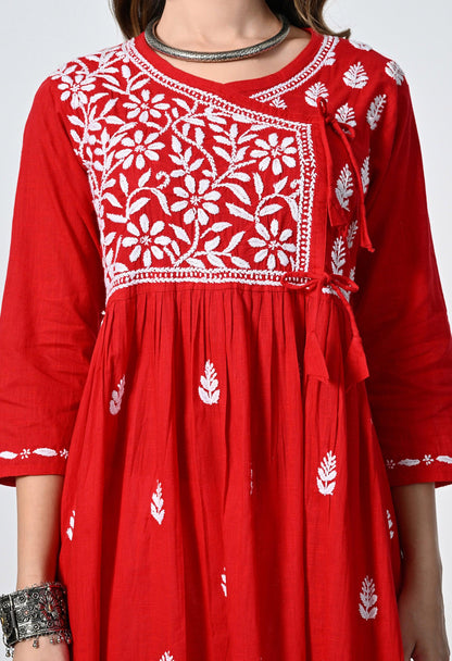 Red Cotton Angrakha Lucknowi Kurti With Tulip Pants