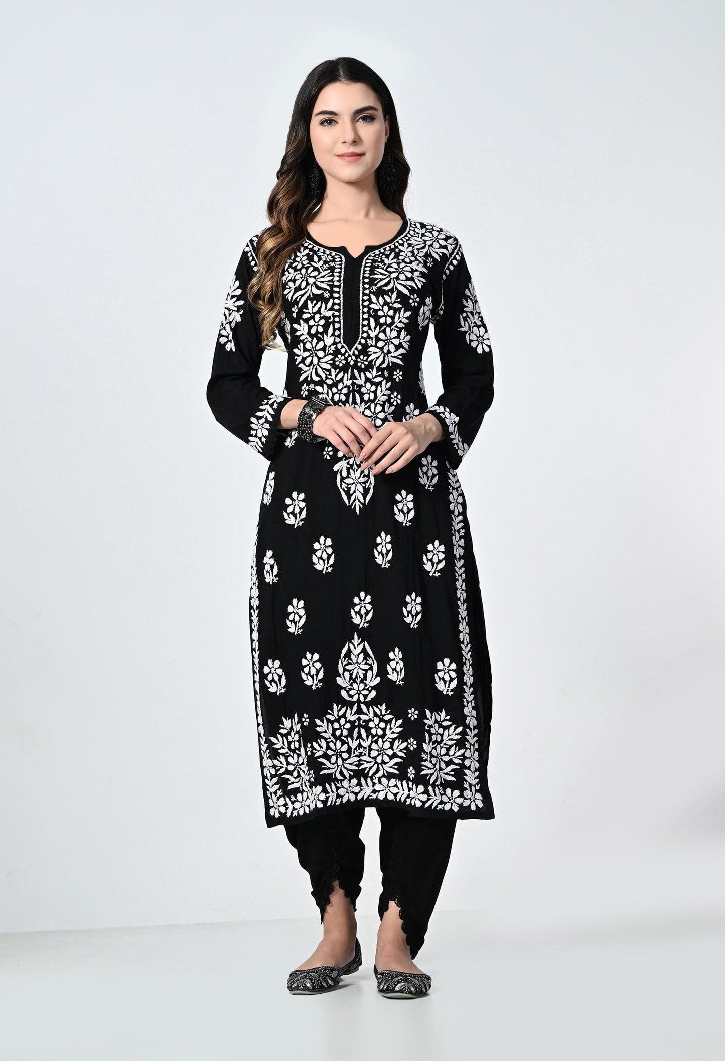Black Lucknowi Chikankari Kurti with Tulip Pants: Indian Rayon Set