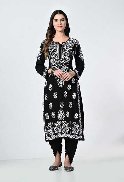 Black Lucknowi Chikankari Kurti with Tulip Pants: Indian Rayon Set