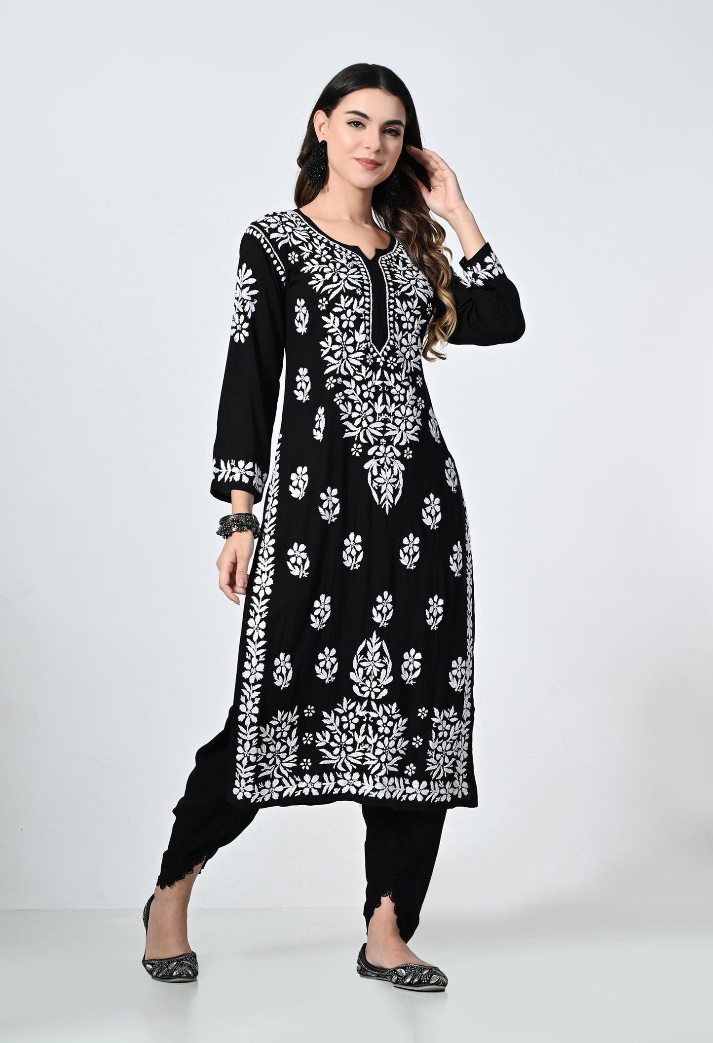 Black Lucknowi Chikankari Kurti with Tulip Pants: Indian Rayon Set