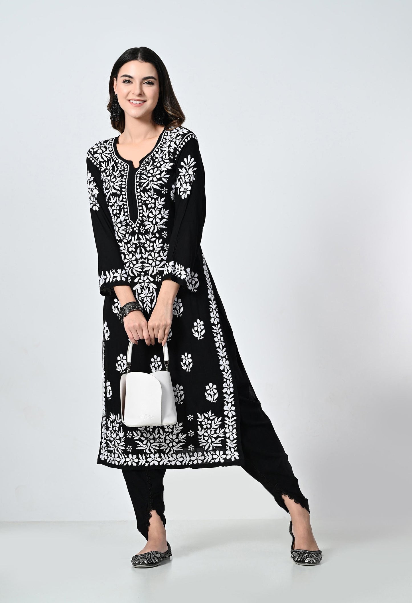 Black Lucknowi Chikankari Kurti with Tulip Pants: Indian Rayon Set
