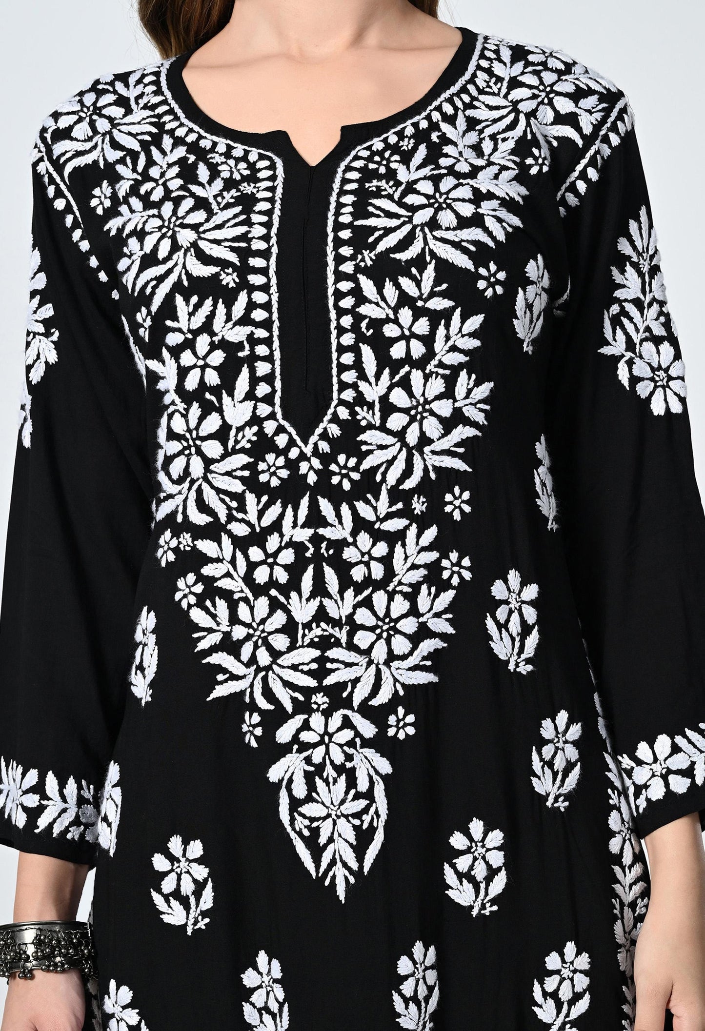 Black Lucknowi Chikankari Kurti with Tulip Pants: Indian Rayon Set