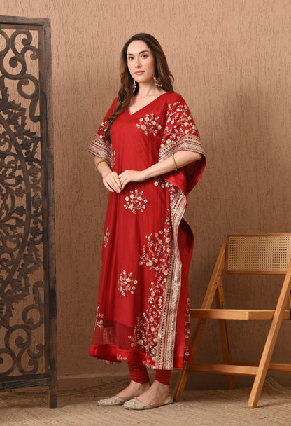 Dark Red Embroidered Kaftan Set with Pants