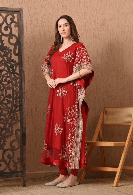 Dark Red Embroidered Kaftan Set with Pants