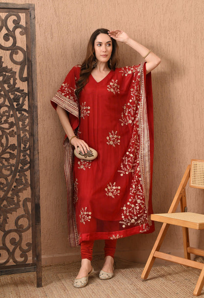 Dark Red Embroidered Kaftan Set with Pants