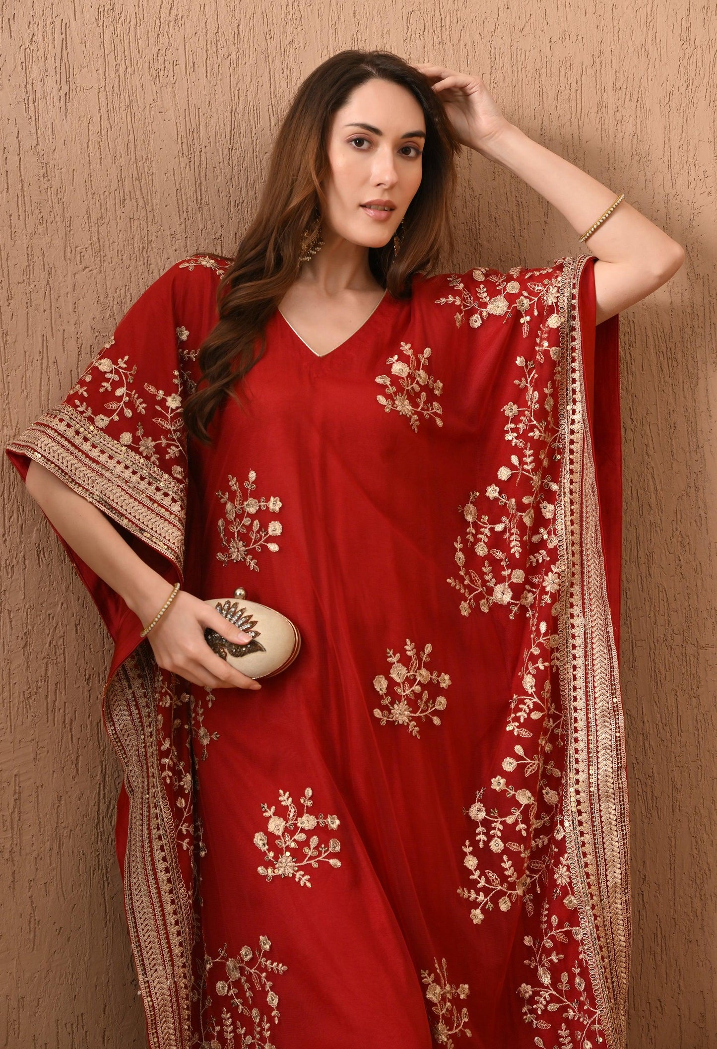 Dark Red Embroidered Kaftan Set with Pants