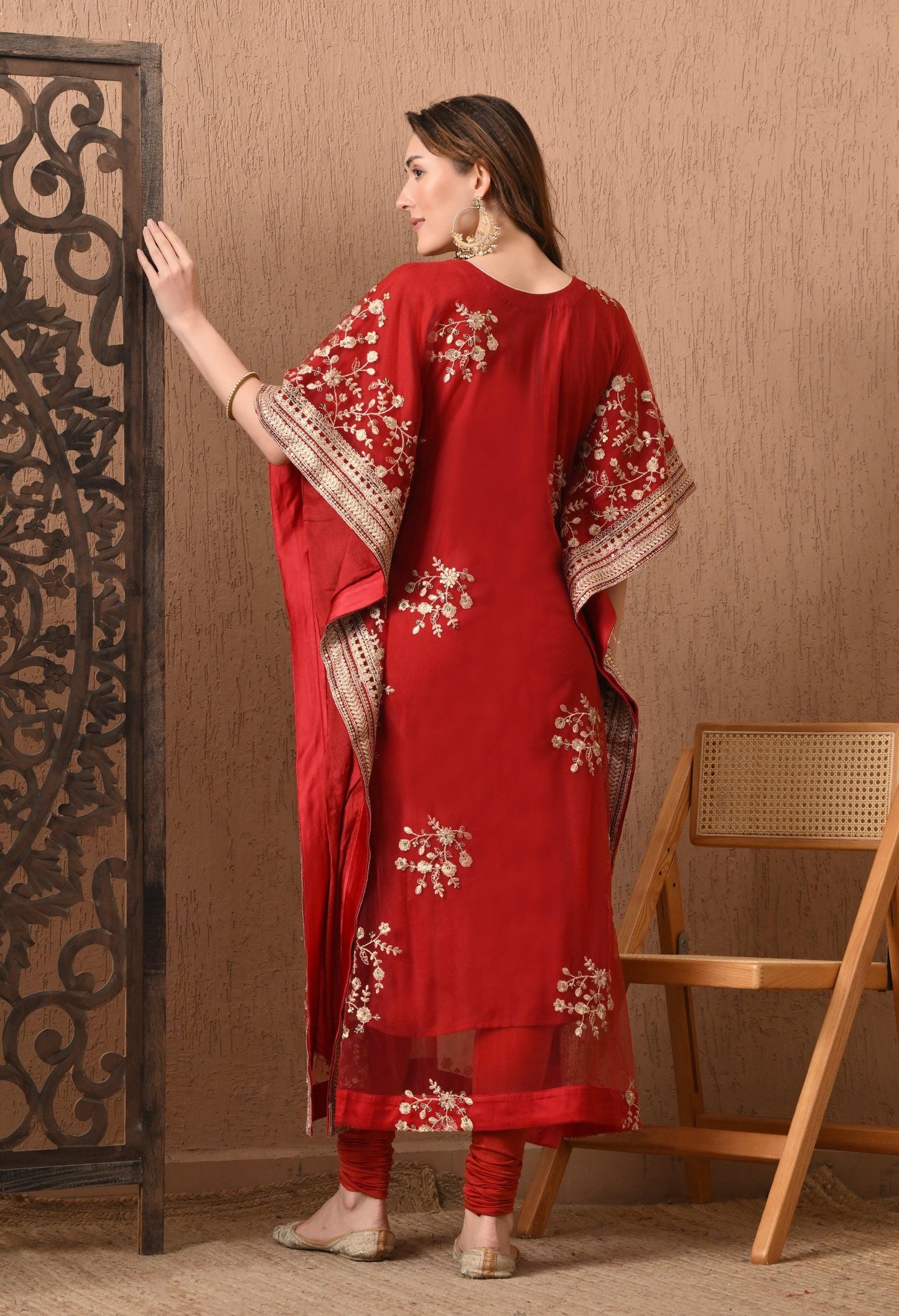 Dark Red Embroidered Kaftan Set with Pants