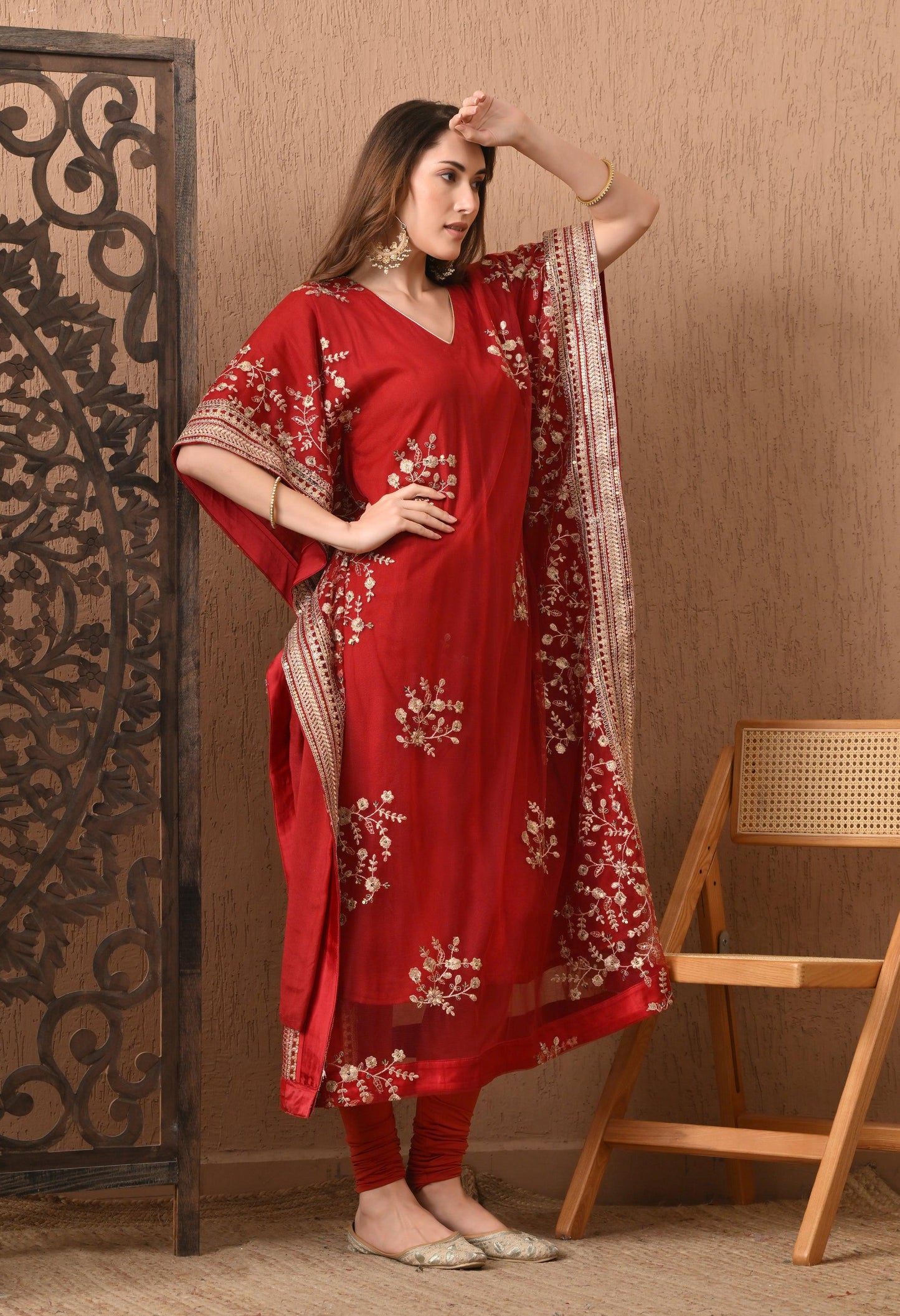 Dark Red Embroidered Kaftan Set with Pants