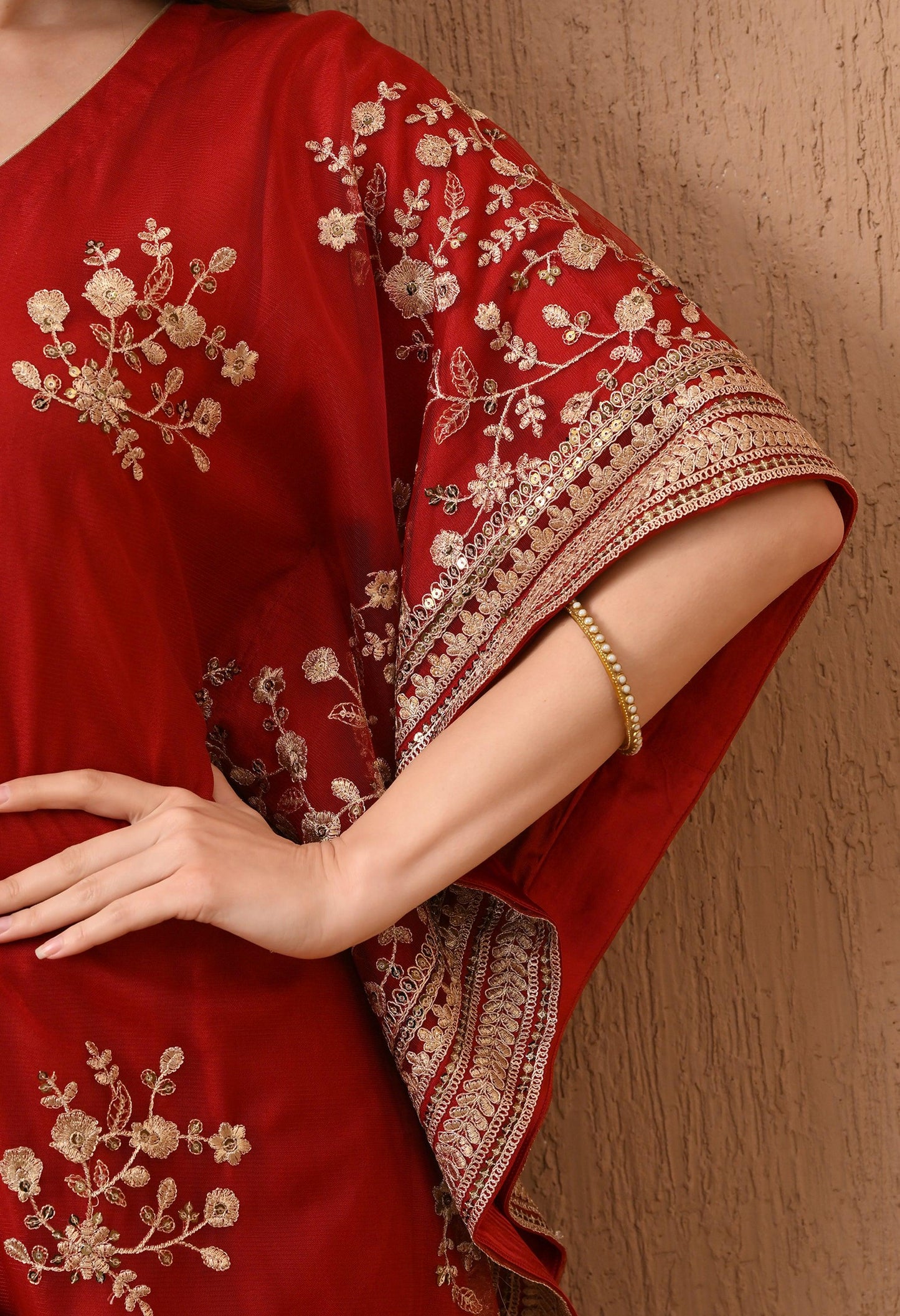 Dark Red Embroidered Kaftan Set with Pants