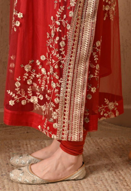 Dark Red Embroidered Kaftan Set with Pants