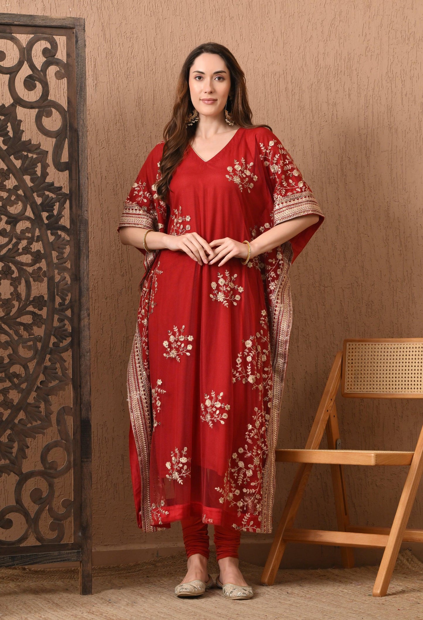 Dark Red Embroidered Kaftan Set with Pants