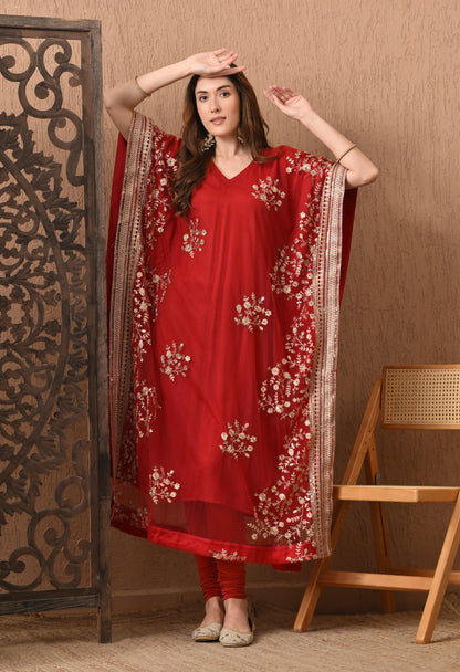Dark Red Embroidered Kaftan Set with Pants
