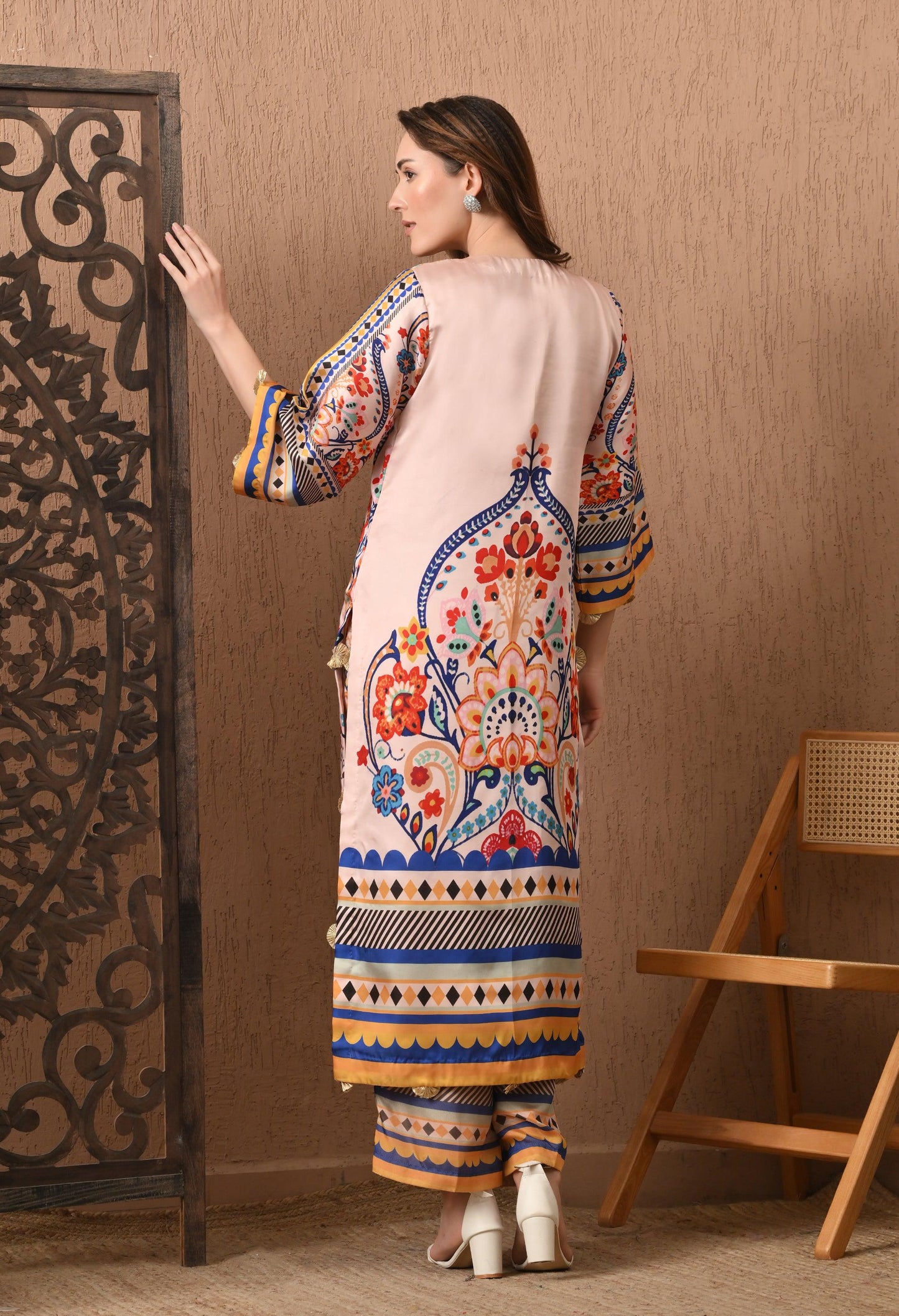 Floral Geometric Satin Silk Suit: Pakistani
