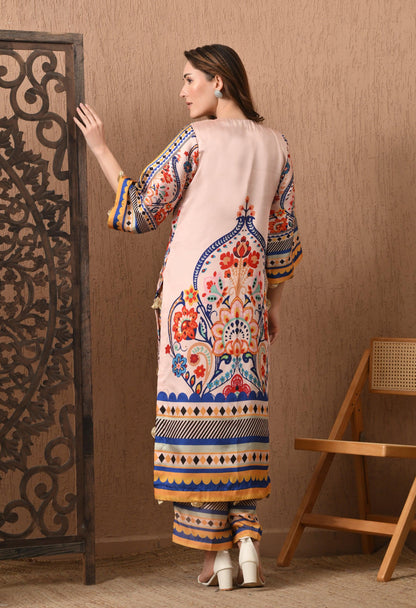Floral Geometric Satin Silk Suit: Pakistani