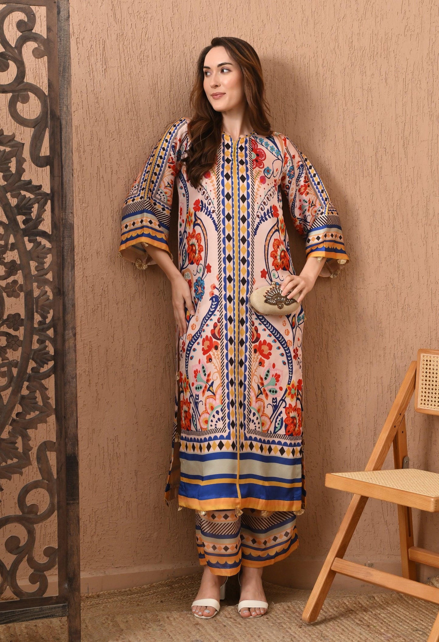 Floral Geometric Satin Silk Suit: Pakistani
