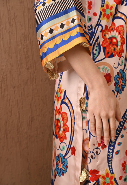 Floral Geometric Satin Silk Suit: Pakistani