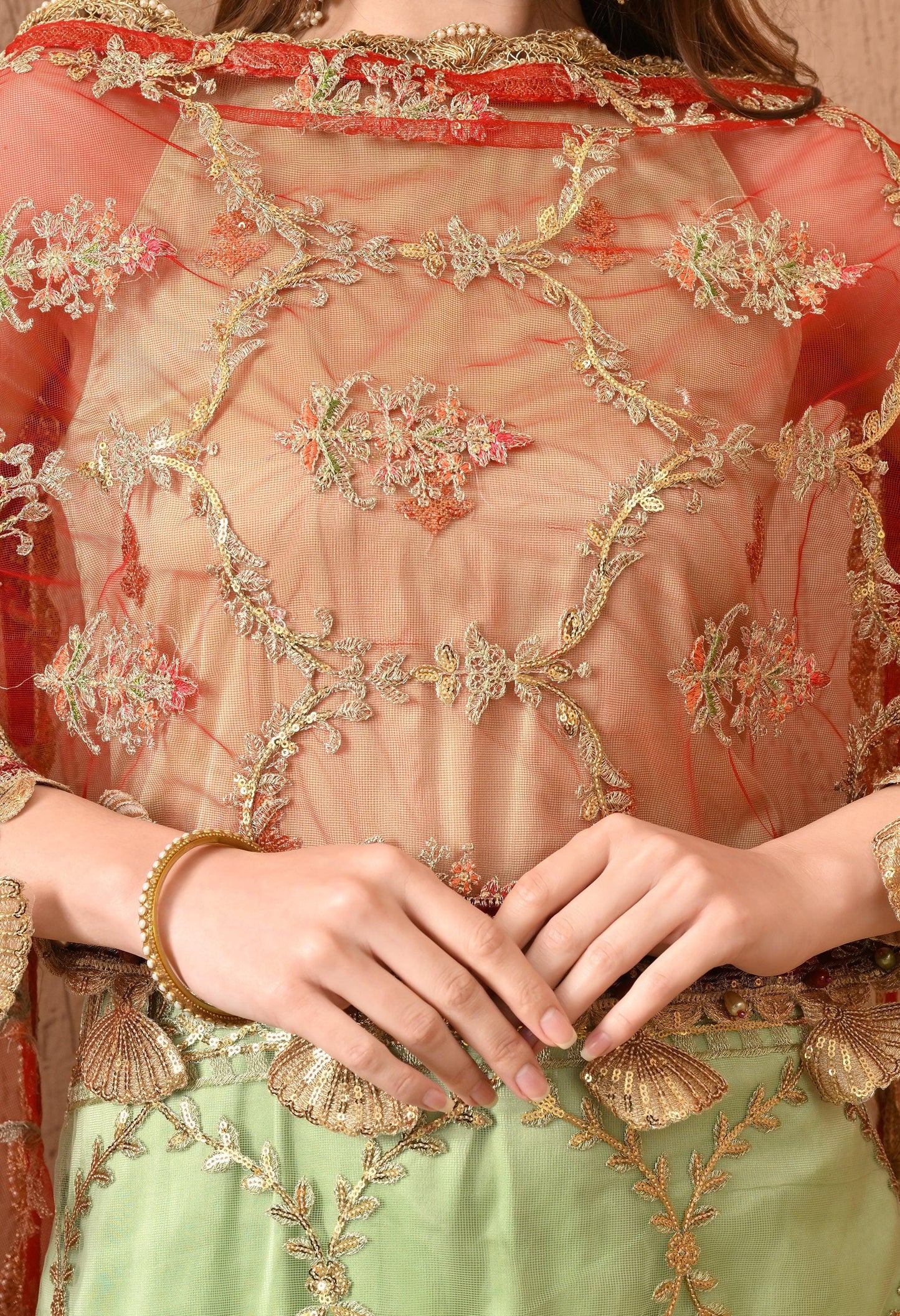 Mint Green Embroidered 3-Piece Pakistani Set with Red Dupatta