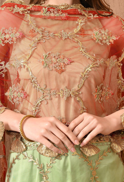 Mint Green Embroidered 3-Piece Pakistani Set with Red Dupatta