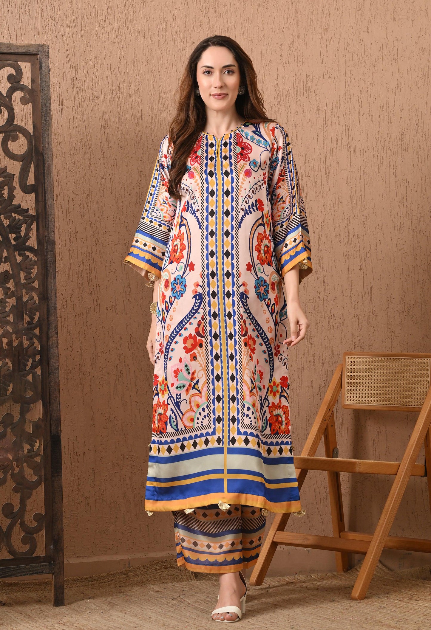 Floral Geometric Satin Silk Suit: Pakistani