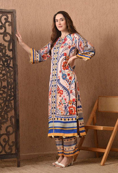 Floral Geometric Satin Silk Suit: Pakistani