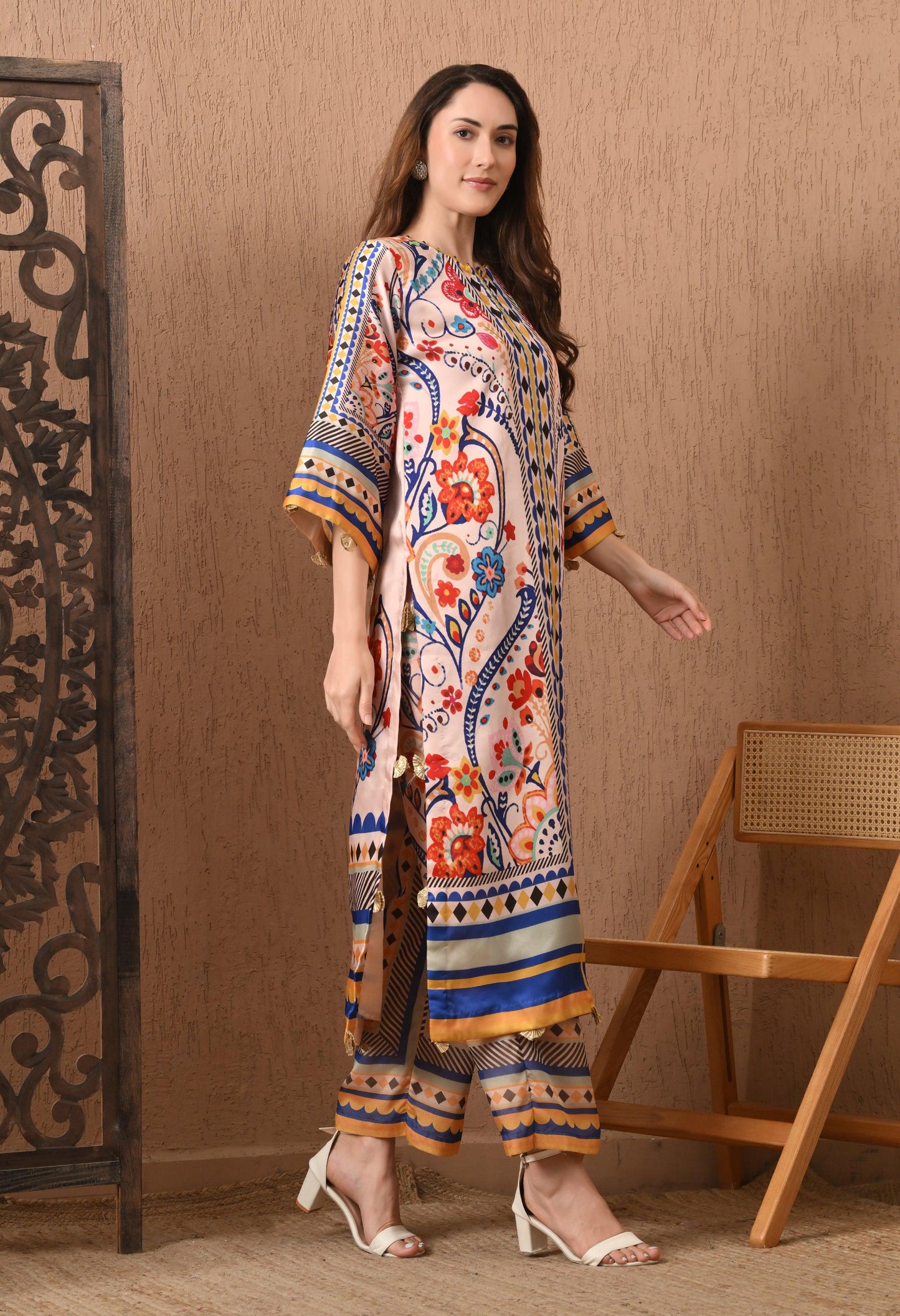 Floral Geometric Satin Silk Suit: Pakistani