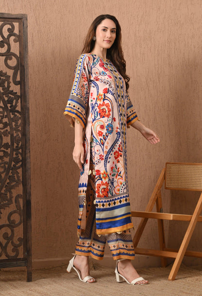 Floral Geometric Satin Silk Suit: Pakistani