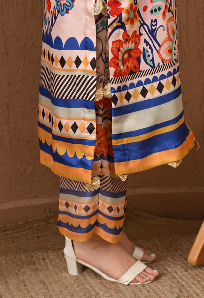 Floral Geometric Satin Silk Suit: Pakistani