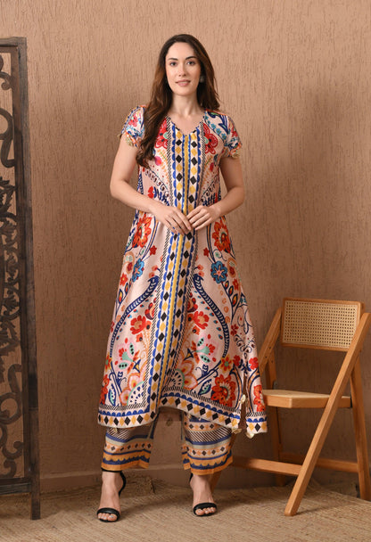 Printed Georgette Pakistani Suit: Floral A-Line Kurti Set