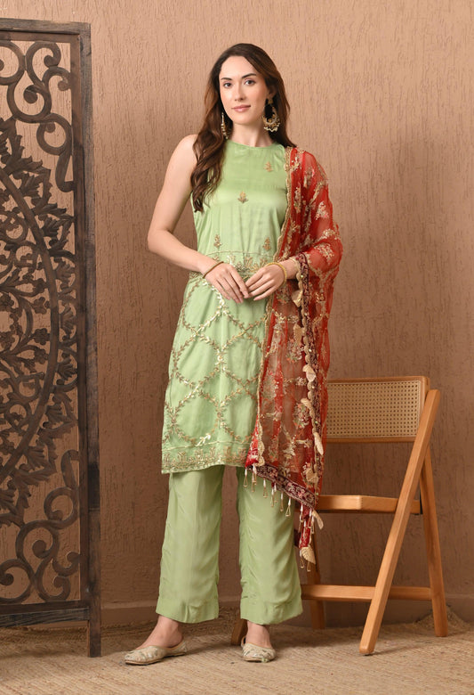 Mint Green Embroidered 3-Piece Pakistani Set with Red Dupatta