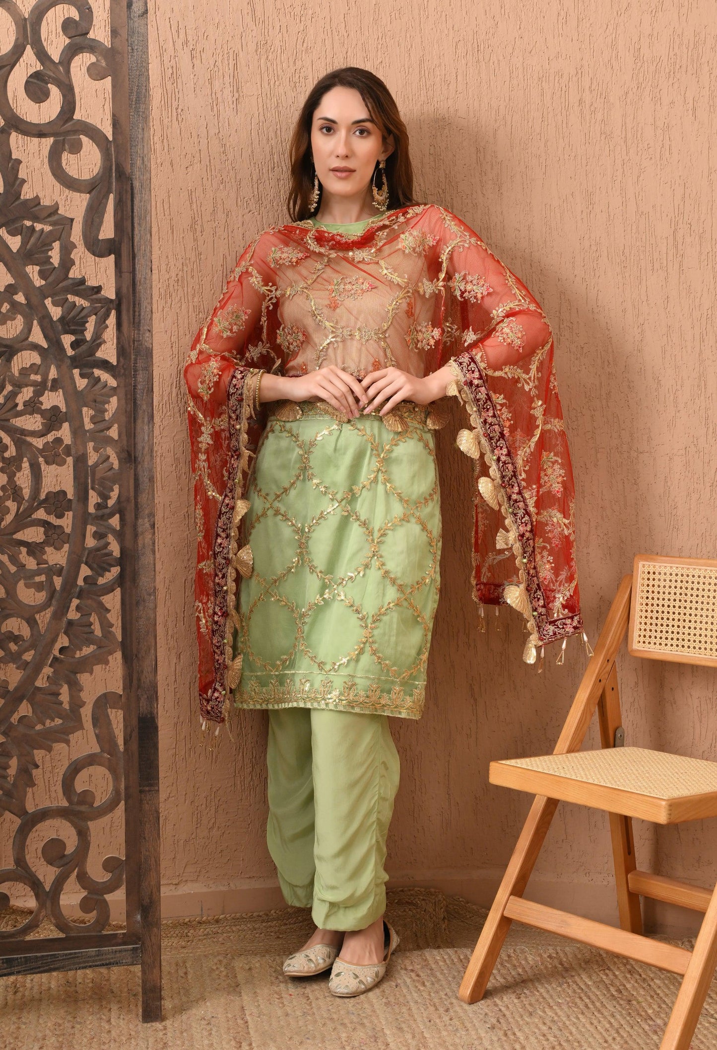 Mint Green Embroidered 3-Piece Pakistani Set with Red Dupatta