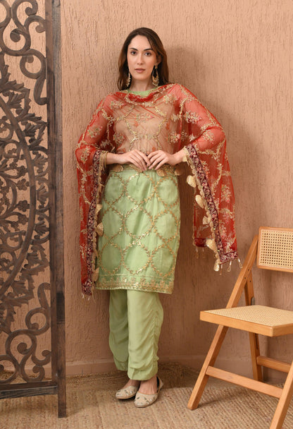 Mint Green Embroidered 3-Piece Pakistani Set with Red Dupatta