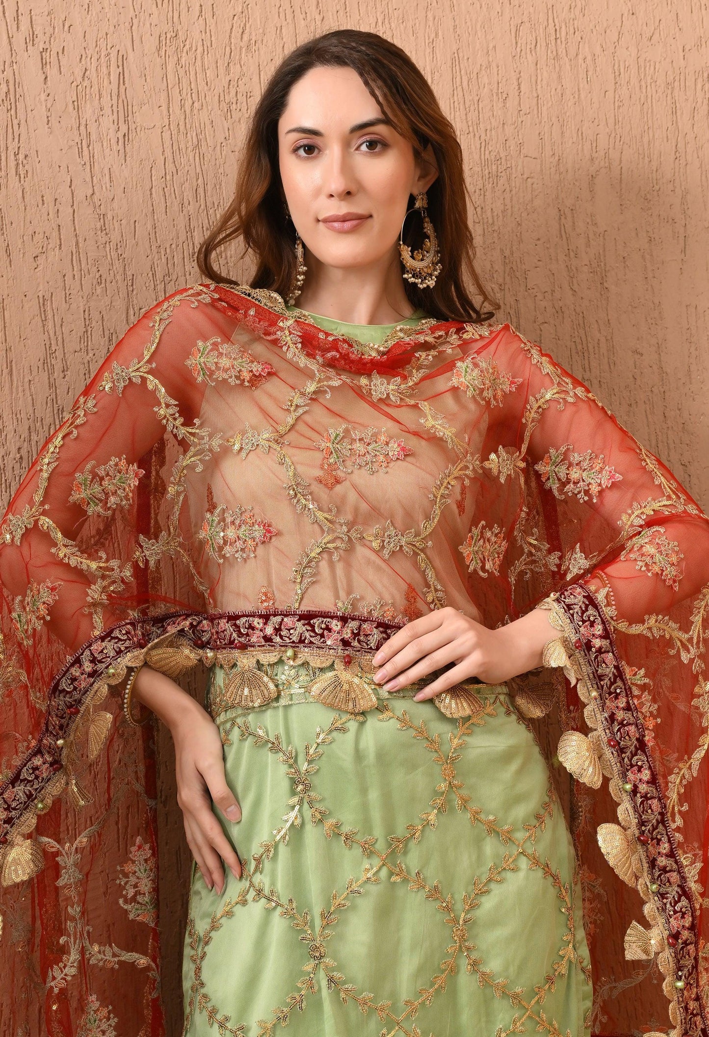 Mint Green Embroidered 3-Piece Pakistani Set with Red Dupatta