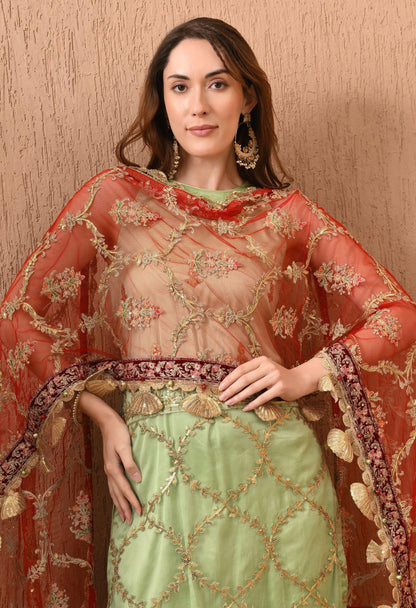 Mint Green Embroidered 3-Piece Pakistani Set with Red Dupatta