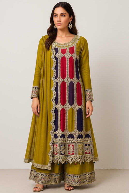 Embroidered Mustard Chinon Suit Set (Plus Size)