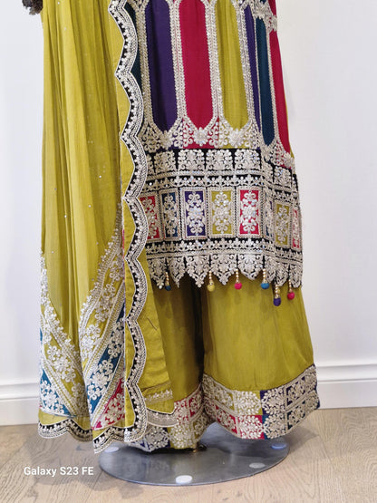Embroidered Mustard Chinon Suit Set (Plus Size)