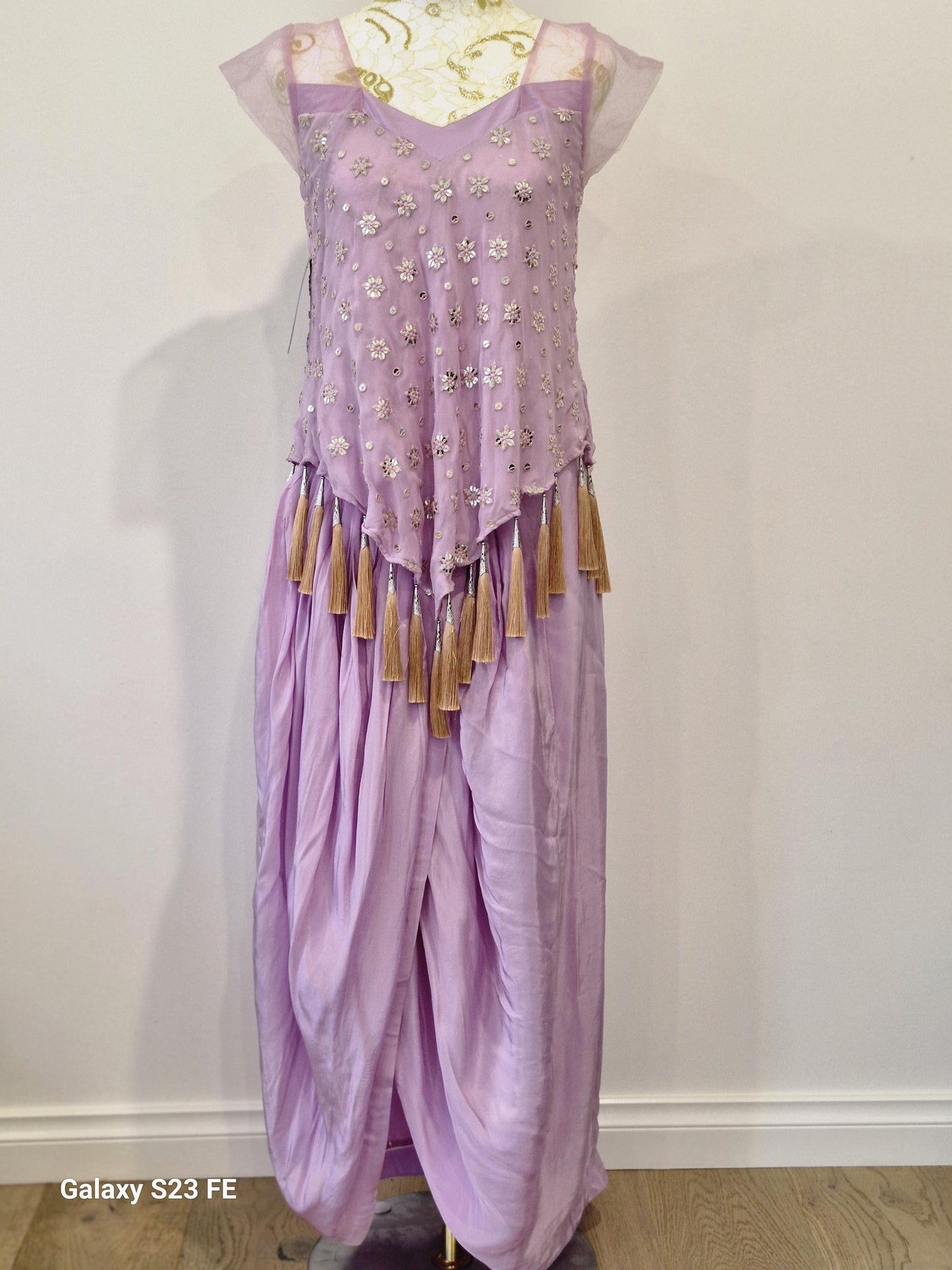 Lavender Indo Western Drape Dhoti Skirt with Embroidered Peplum Top  Size 38-40