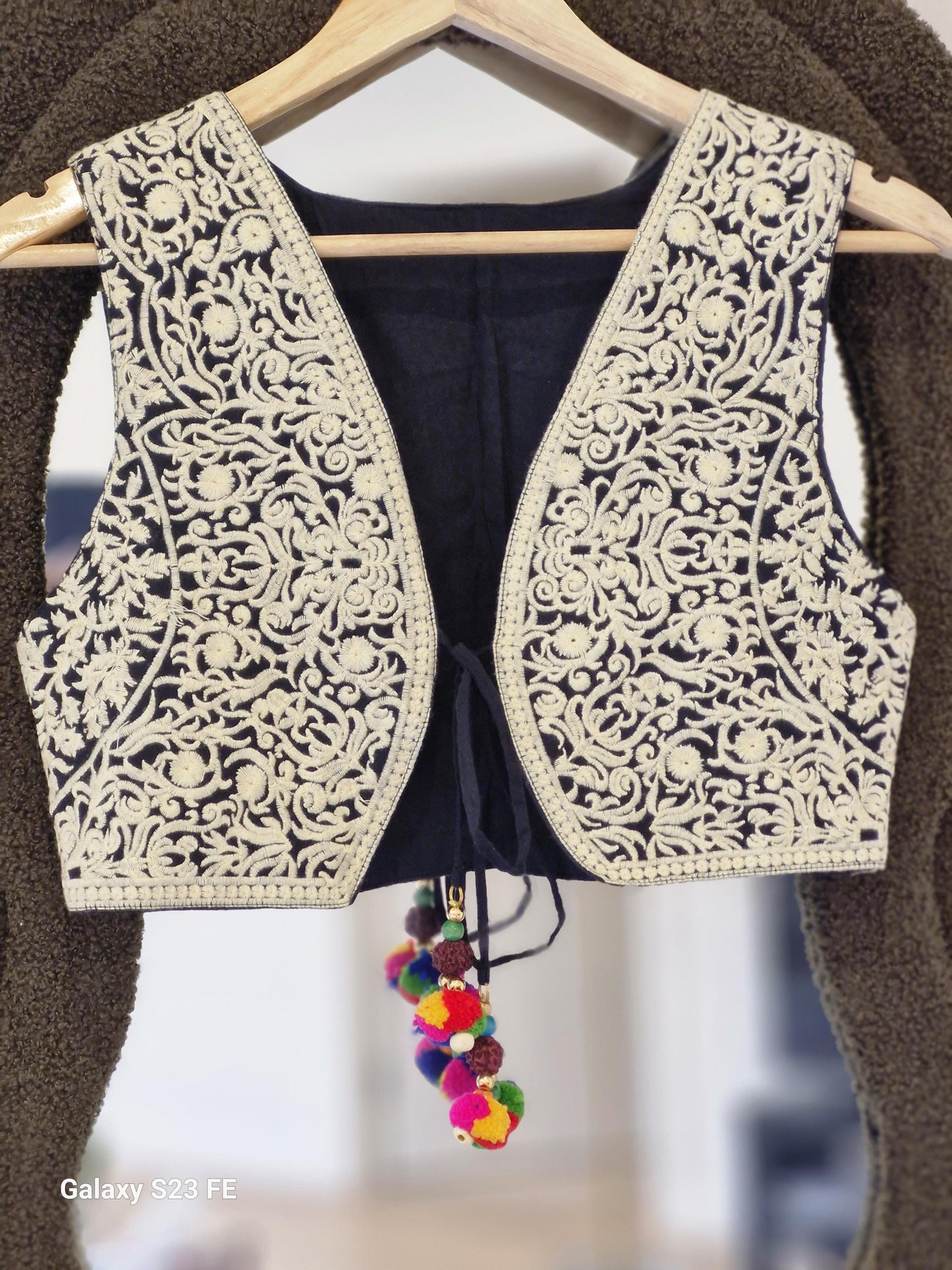 Black Cotton Banjara Style Embroidered Jacket with Multicolor Tassels Size 36
