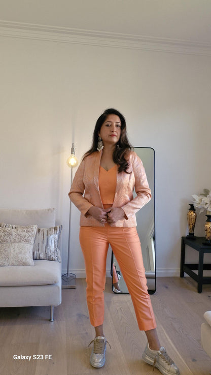 Peach Brocade Jacket Set with Silk Crop Top