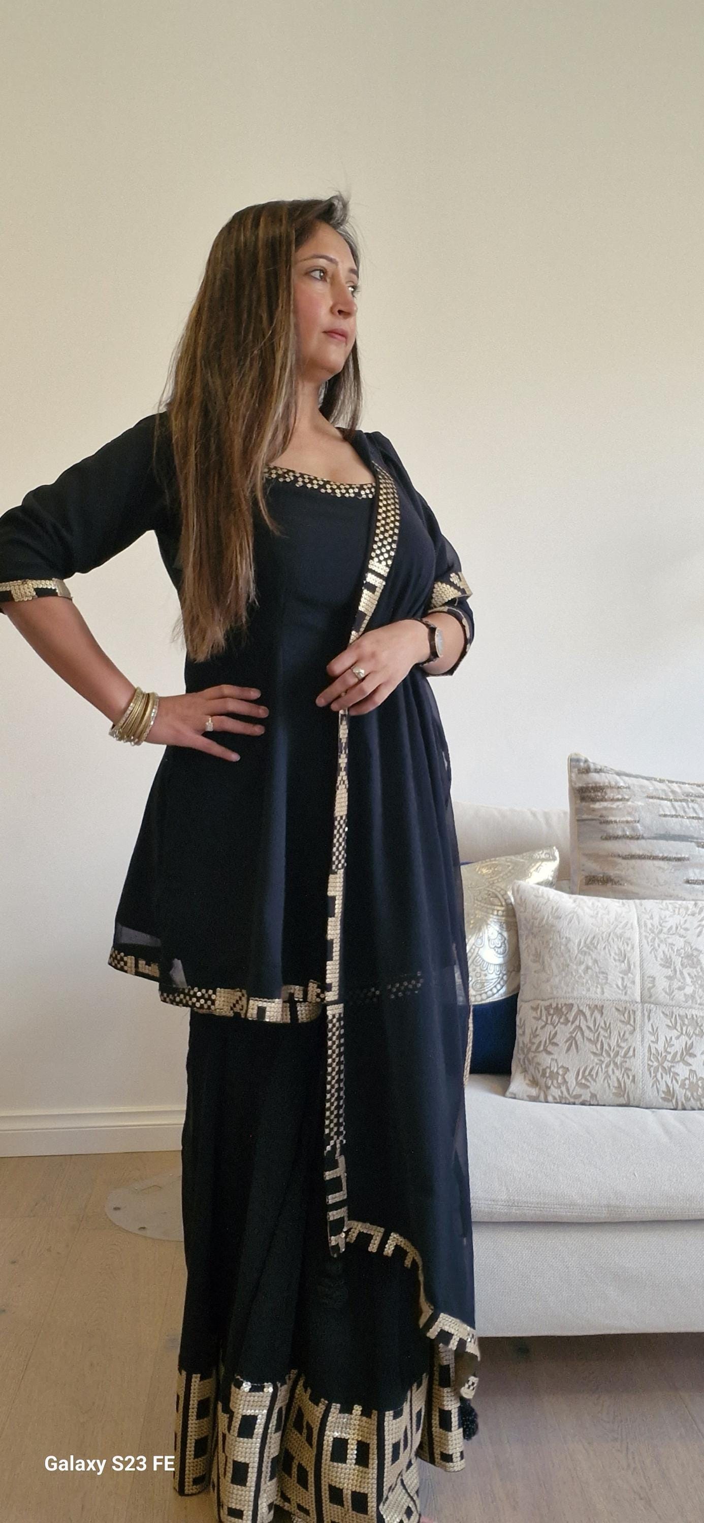 Black Georgette Sharara Suit with Sequins