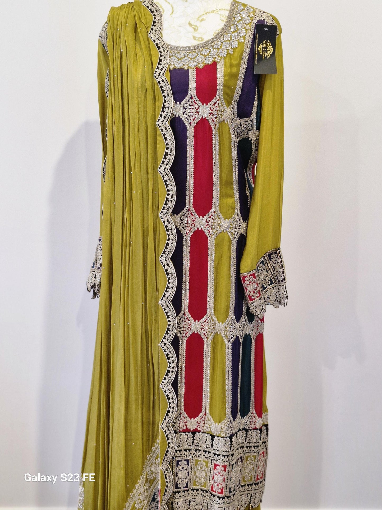 Embroidered Mustard Chinon Suit Set (Plus Size)